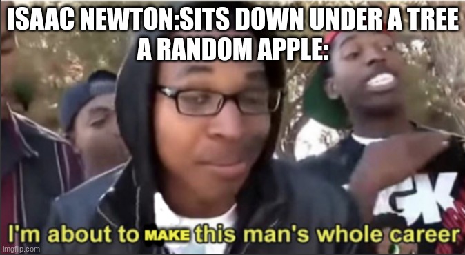 i'm about to make this mans whole career | ISAAC NEWTON:SITS DOWN UNDER A TREE
A RANDOM APPLE: | image tagged in i'm about to make this mans whole career | made w/ Imgflip meme maker