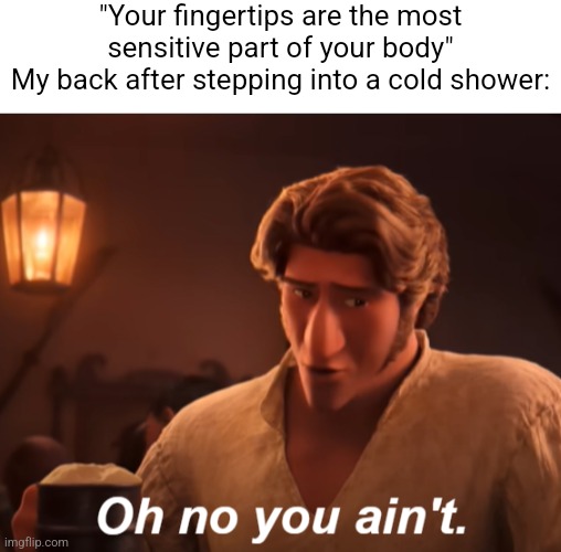 If you know you know |  "Your fingertips are the most sensitive part of your body"
My back after stepping into a cold shower: | image tagged in oh no you ain't,shower,back,fingers | made w/ Imgflip meme maker