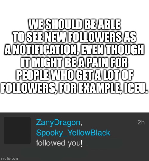 WE SHOULD BE ABLE TO SEE NEW FOLLOWERS AS A NOTIFICATION, EVEN THOUGH IT MIGHT BE A PAIN FOR PEOPLE WHO GET A LOT OF FOLLOWERS, FOR EXAMPLE, ICEU. ! | image tagged in blank white template | made w/ Imgflip meme maker