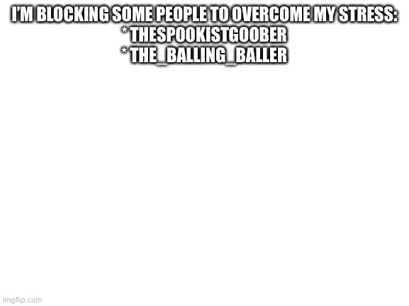 Update | I’M BLOCKING SOME PEOPLE TO OVERCOME MY STRESS:

* THESPOOKISTGOOBER
* THE_BALLING_BALLER | image tagged in blank white template | made w/ Imgflip meme maker