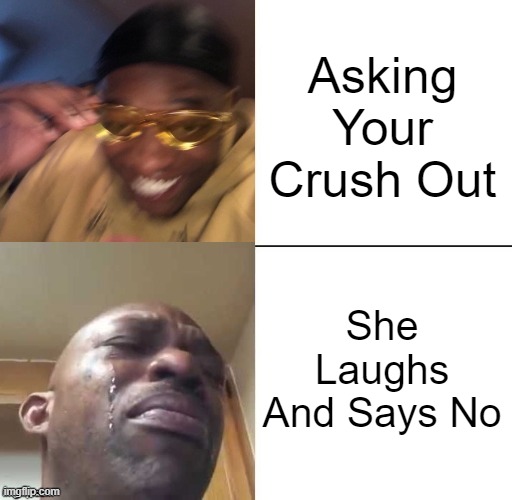 Not Even Flex Tape Can Fix This. :( | Asking Your Crush Out; She Laughs And Says No | image tagged in wearing sunglasses crying | made w/ Imgflip meme maker