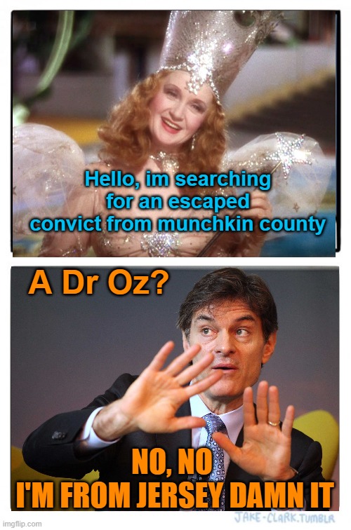 No place like home Dr Oz | Hello, im searching for an escaped convict from munchkin county; A Dr Oz? NO, NO 
I'M FROM JERSEY DAMN IT | image tagged in memes,maga,donald trump,political meme,wizard of oz | made w/ Imgflip meme maker