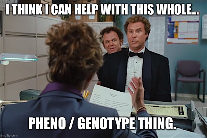 Step Brothers Pam | I THINK I CAN HELP WITH THIS WHOLE…; PHENO / GENOTYPE THING. | image tagged in step brothers pam | made w/ Imgflip meme maker