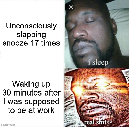 Wait, I can explain! I only meant to hit snooze 10 times! | Unconsciously slapping snooze 17 times; Waking up 30 minutes after I was supposed to be at work | image tagged in memes,sleeping shaq | made w/ Imgflip meme maker