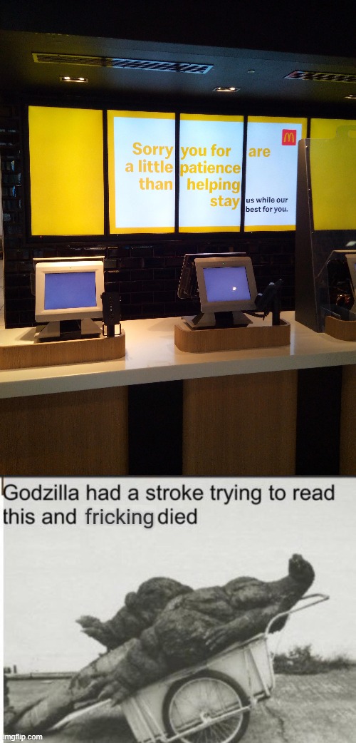 title | image tagged in godzilla had a stroke trying to read this and fricking died,mcdonalds | made w/ Imgflip meme maker