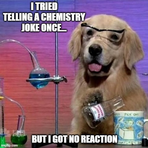 Didn't Work | I TRIED TELLING A CHEMISTRY JOKE ONCE... BUT I GOT NO REACTION | image tagged in memes,i have no idea what i am doing dog | made w/ Imgflip meme maker