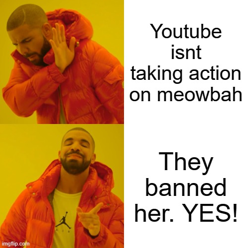 no more meowbah | Youtube isnt taking action on meowbah; They banned her. YES! | image tagged in memes,drake hotline bling | made w/ Imgflip meme maker
