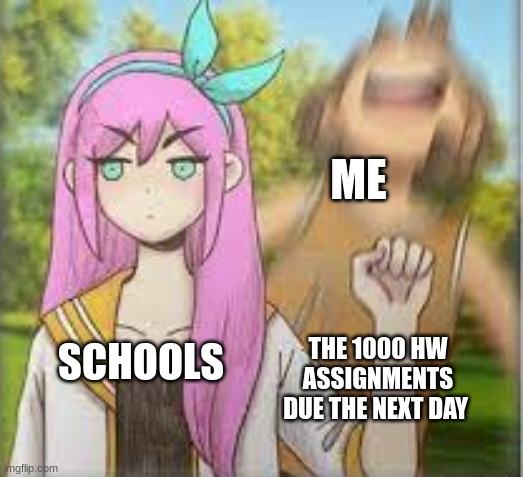 omori m e m e | ME; SCHOOLS; THE 1000 HW ASSIGNMENTS DUE THE NEXT DAY | image tagged in aubrey punching kel omori | made w/ Imgflip meme maker