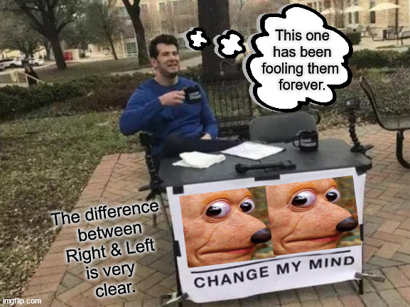 This one has been fooling them forever | This one 
has been fooling them 
forever. The difference
 between
Right & Left
is very 
clear. | image tagged in memes,change my mind | made w/ Imgflip meme maker