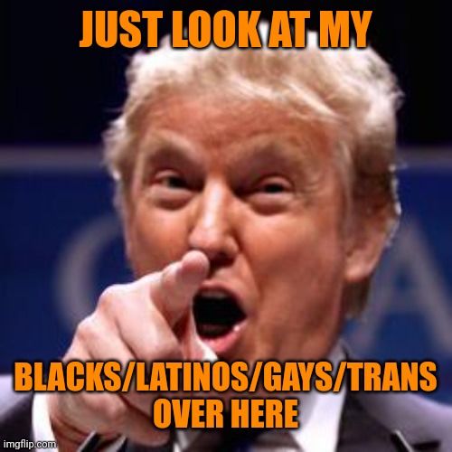 Trump pointing  | JUST LOOK AT MY BLACKS/LATINOS/GAYS/TRANS OVER HERE | image tagged in trump pointing | made w/ Imgflip meme maker