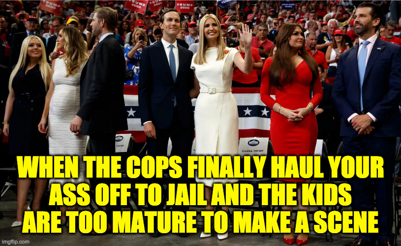 Bye Papa! | WHEN THE COPS FINALLY HAUL YOUR
ASS OFF TO JAIL AND THE KIDS
ARE TOO MATURE TO MAKE A SCENE | image tagged in memes,lock him up,trump tax fraud | made w/ Imgflip meme maker