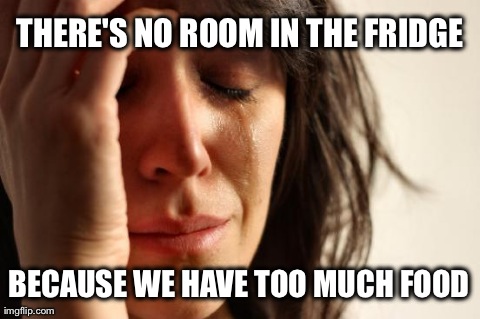 First World Problems | THERE'S NO ROOM IN THE FRIDGE BECAUSE WE HAVE TOO MUCH FOOD | image tagged in memes,first world problems | made w/ Imgflip meme maker