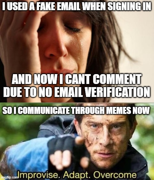 unfortunate, but if it works it works. | I USED A FAKE EMAIL WHEN SIGNING IN; AND NOW I CANT COMMENT DUE TO NO EMAIL VERIFICATION; SO I COMMUNICATE THROUGH MEMES NOW | image tagged in memes,first world problems | made w/ Imgflip meme maker