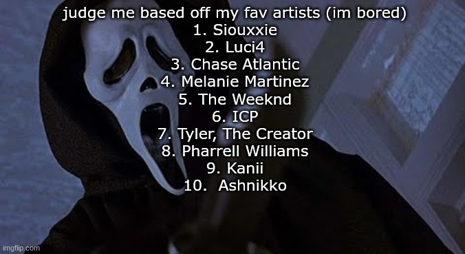 ghostface solos | judge me based off my fav artists (im bored)
1. Siouxxie
2. Luci4
3. Chase Atlantic
4. Melanie Martinez
5. The Weeknd
6. ICP
7. Tyler, The Creator
8. Pharrell Williams
9. Kanii
10.  Ashnikko | image tagged in ghostface solos | made w/ Imgflip meme maker