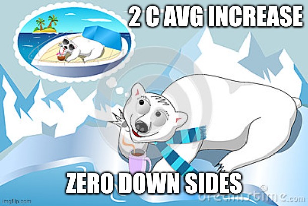 Global Warming | 2 C AVG INCREASE; ZERO DOWN SIDES | image tagged in polar bear,global warming | made w/ Imgflip meme maker
