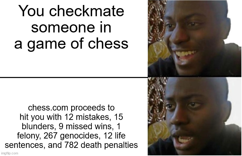 also add 7000 inaccuracies | You checkmate someone in a game of chess; chess.com proceeds to hit you with 12 mistakes, 15 blunders, 9 missed wins, 1 felony, 267 genocides, 12 life sentences, and 782 death penalties | image tagged in disappointed black guy | made w/ Imgflip meme maker