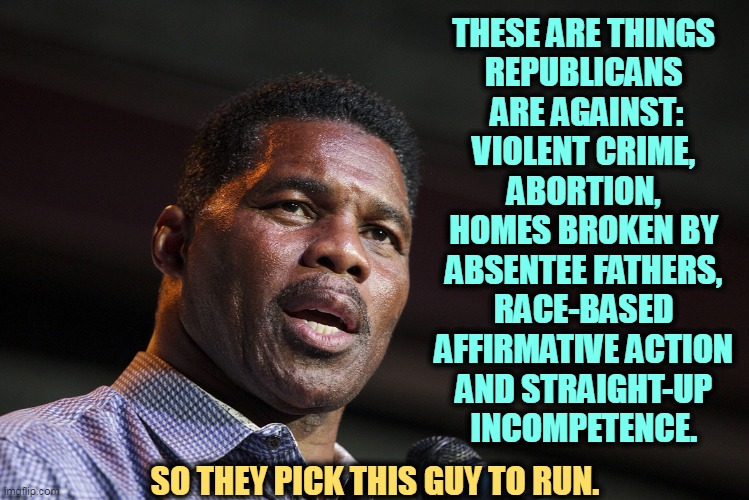Republican values. | THESE ARE THINGS 
REPUBLICANS 
ARE AGAINST:
VIOLENT CRIME, 
ABORTION, 
HOMES BROKEN BY 
ABSENTEE FATHERS, 
RACE-BASED 
AFFIRMATIVE ACTION 
AND STRAIGHT-UP 
INCOMPETENCE. SO THEY PICK THIS GUY TO RUN. | image tagged in herschel walker,republican,values,violent,crime,abortion | made w/ Imgflip meme maker