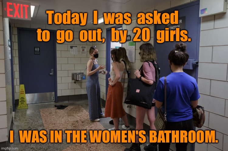 The ladies | Today  I  was  asked  to  go  out,  by  20  girls. I  WAS IN THE WOMEN'S BATHROOM. | image tagged in the ladies,i was asked out,20 girls,was in womans,bathroom,dark humour | made w/ Imgflip meme maker
