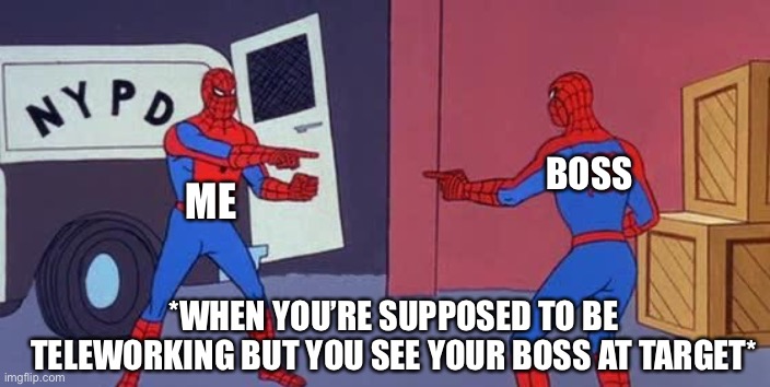 See Your Boss While Teleworking | BOSS; ME; *WHEN YOU’RE SUPPOSED TO BE TELEWORKING BUT YOU SEE YOUR BOSS AT TARGET* | image tagged in spider man double,teleworking,boss,see your boss,working from home | made w/ Imgflip meme maker