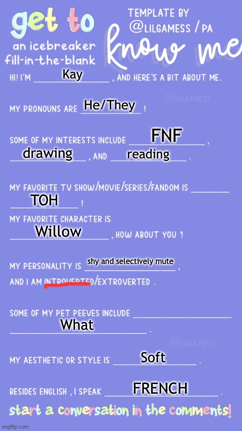 Hi | Kay; He/They; FNF; drawing; reading; TOH; Willow; shy and selectively mute; What; Soft; FRENCH | image tagged in get to know fill in the blank | made w/ Imgflip meme maker