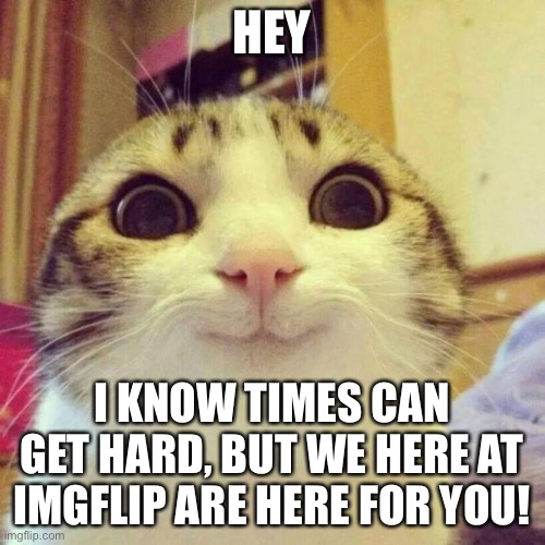 hey | HEY; I KNOW TIMES CAN GET HARD, BUT WE HERE AT IMGFLIP ARE HERE FOR YOU! | image tagged in memes,smiling cat,hard,funny,hey | made w/ Imgflip meme maker