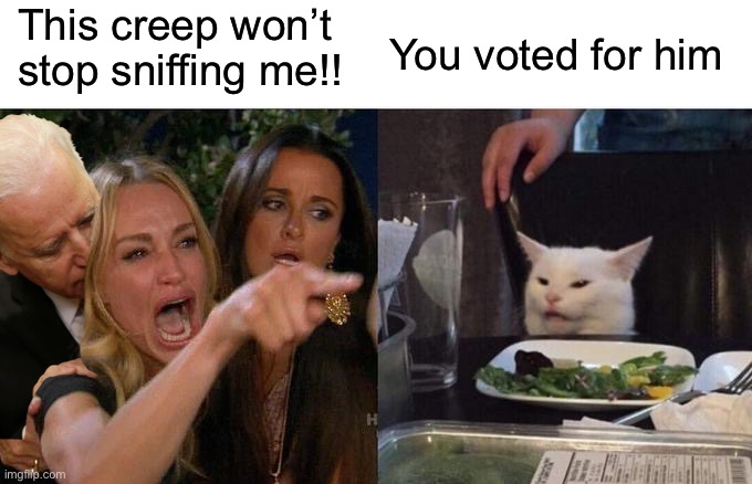Elections have consequences | This creep won’t stop sniffing me!! You voted for him | image tagged in memes,woman yelling at cat,politics lol | made w/ Imgflip meme maker