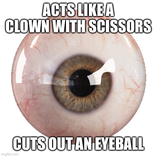 Eyeball sticker | ACTS LIKE A CLOWN WITH SCISSORS CUTS OUT AN EYEBALL | image tagged in eyeball sticker | made w/ Imgflip meme maker