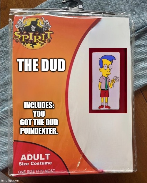 Dud Simpsons Halloween costume | THE DUD; INCLUDES:
YOU GOT THE DUD POINDEXTER. | image tagged in the simpsons | made w/ Imgflip meme maker