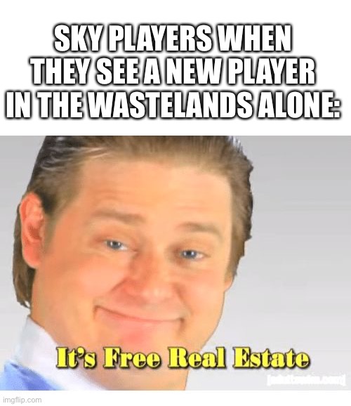 Sky children of the light, you get it you get it but if you don’t, just look in the comments I shall explain | SKY PLAYERS WHEN THEY SEE A NEW PLAYER IN THE WASTELANDS ALONE: | image tagged in it's free real estate | made w/ Imgflip meme maker