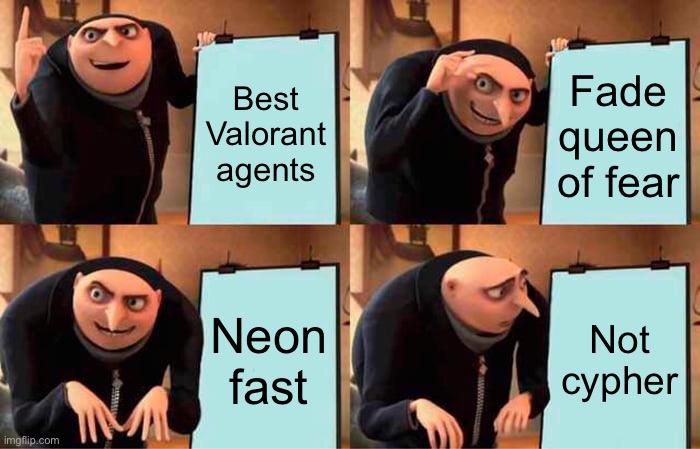 Valorant | Best Valorant agents; Fade queen of fear; Neon fast; Not cypher | image tagged in memes,gru's plan | made w/ Imgflip meme maker