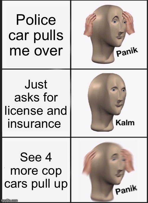 Police car panic | Police car pulls me over; Just asks for license and insurance; See 4 more cop cars pull up | image tagged in memes,panik kalm panik,police,license,insurance,trouble | made w/ Imgflip meme maker