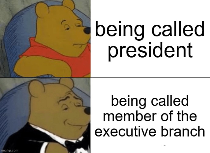 Tuxedo Winnie The Pooh Meme | being called president; being called member of the executive branch | image tagged in memes,tuxedo winnie the pooh | made w/ Imgflip meme maker