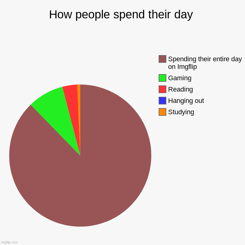 How people spend their day | Studying, Hanging out, Reading, Gaming, Spending their entire day on Imgflip | image tagged in charts,pie charts | made w/ Imgflip chart maker