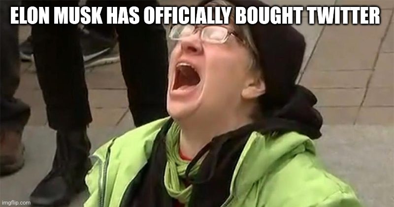 crying liberal | ELON MUSK HAS OFFICIALLY BOUGHT TWITTER | image tagged in crying liberal | made w/ Imgflip meme maker
