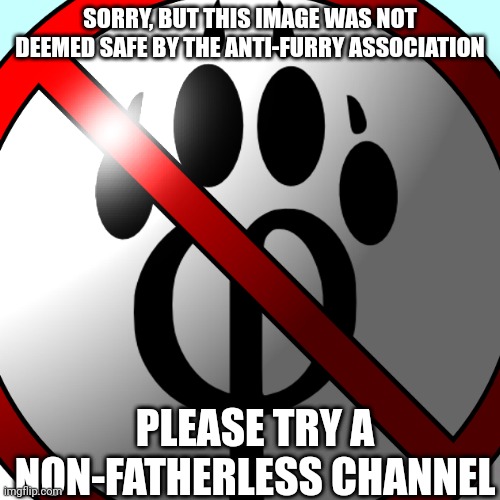 SORRY, BUT THIS IMAGE WAS NOT DEEMED SAFE BY THE ANTI-FURRY ASSOCIATION; PLEASE TRY A NON-FATHERLESS CHANNEL | made w/ Imgflip meme maker