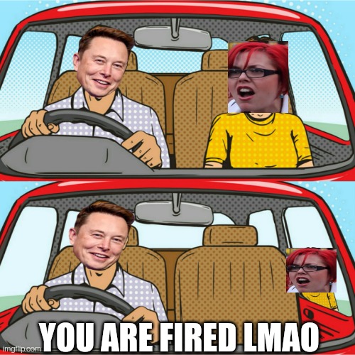 Elon Firing SJWs |  YOU ARE FIRED LMAO | image tagged in kicked out of car,elon musk,twitter,elon musk laughing | made w/ Imgflip meme maker