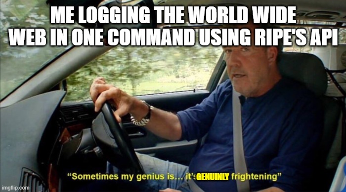 sometimes my genius is... it's almost frightening | ME LOGGING THE WORLD WIDE WEB IN ONE COMMAND USING RIPE'S API; GENUINLY | image tagged in sometimes my genius is it's almost frightening | made w/ Imgflip meme maker