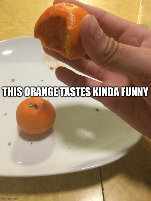 Weird orange | THIS ORANGE TASTES KINDA FUNNY | image tagged in orange,something is seriously wrong with me | made w/ Imgflip meme maker