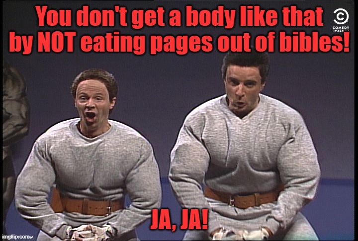 Hanz and Franz flexing | You don't get a body like that by NOT eating pages out of bibles! JA, JA! | image tagged in hanz and franz flexing | made w/ Imgflip meme maker