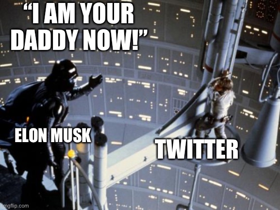 Elon musk Twitter | “I AM YOUR DADDY NOW!”; ELON MUSK; TWITTER | image tagged in luke skywalker and darth vader | made w/ Imgflip meme maker