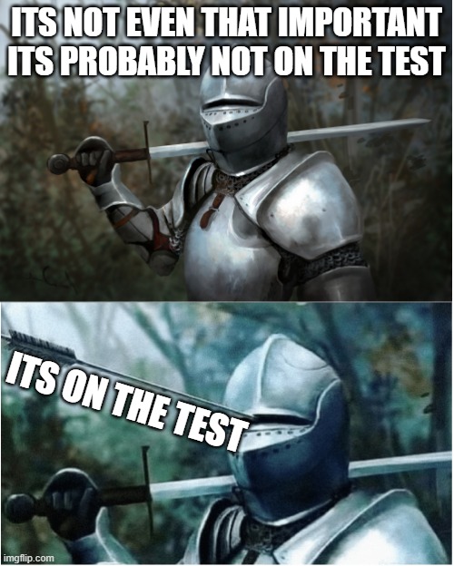 y does this always happen | ITS NOT EVEN THAT IMPORTANT ITS PROBABLY NOT ON THE TEST; ITS ON THE TEST | image tagged in knight with arrow in helmet,memes,funny,relatable,so true memes,always | made w/ Imgflip meme maker