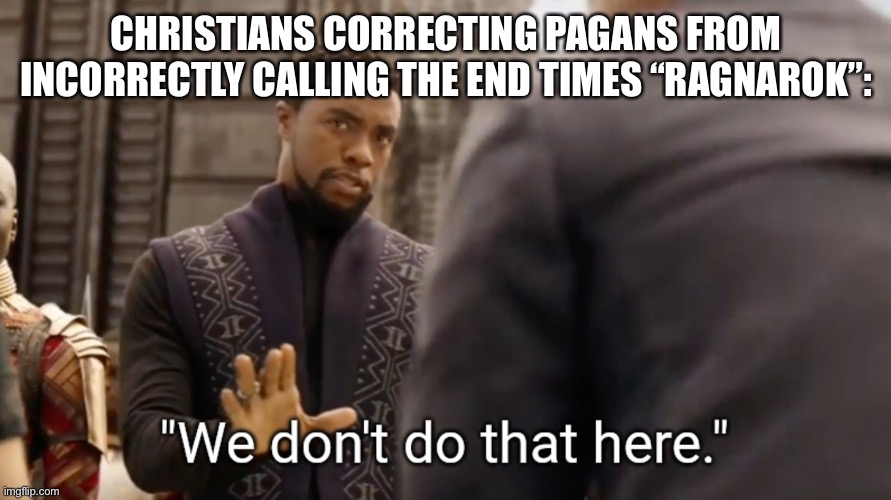 We don't do that here | CHRISTIANS CORRECTING PAGANS FROM INCORRECTLY CALLING THE END TIMES “RAGNAROK”: | image tagged in we don't do that here | made w/ Imgflip meme maker