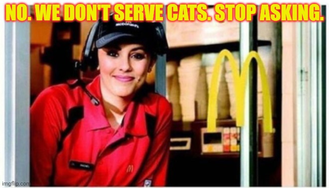 Stop it. Get some help | NO. WE DON'T SERVE CATS. STOP ASKING. | image tagged in mcdonalds drive through,stop it get some help,nom nom nom,instant,chinese food | made w/ Imgflip meme maker