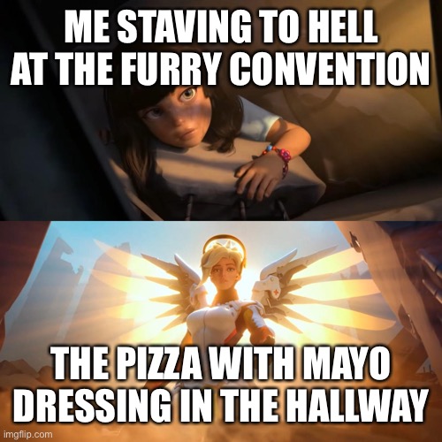 god is good | ME STAVING TO HELL AT THE FURRY CONVENTION; THE PIZZA WITH MAYO DRESSING IN THE HALLWAY | image tagged in overwatch mercy meme | made w/ Imgflip meme maker