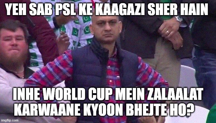 Disappointed Pakistan Cricket Fan | YEH SAB PSL KE KAAGAZI SHER HAIN; INHE WORLD CUP MEIN ZALAALAT KARWAANE KYOON BHEJTE HO? | image tagged in angry pakistani fan | made w/ Imgflip meme maker