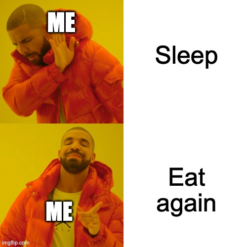 Drake Hotline Bling | Sleep; ME; Eat again; ME | image tagged in memes,drake hotline bling | made w/ Imgflip meme maker