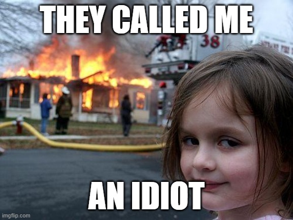 Disaster Girl Meme | THEY CALLED ME AN IDIOT | image tagged in memes,disaster girl | made w/ Imgflip meme maker
