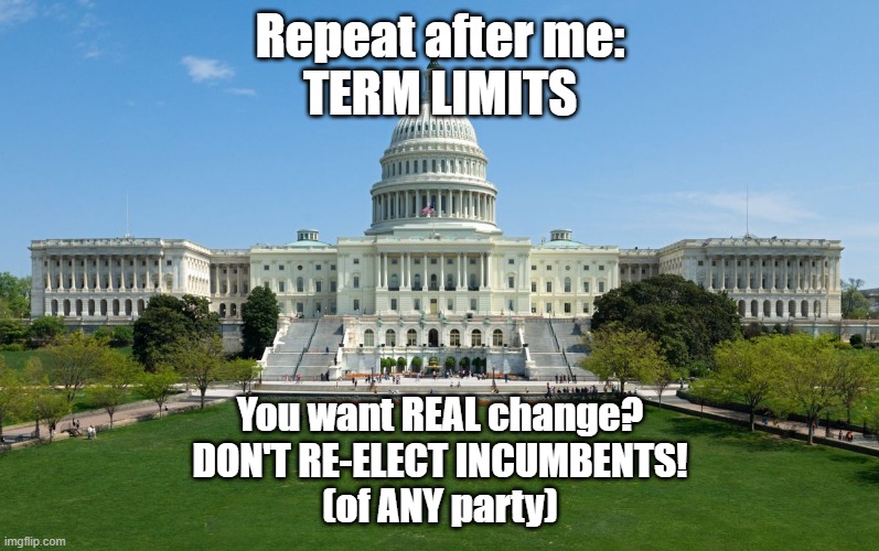 Term Limits | Repeat after me:
TERM LIMITS; You want REAL change?
DON'T RE-ELECT INCUMBENTS!
(of ANY party) | image tagged in capitol hill,term limits,incumbents,don't re-elect | made w/ Imgflip meme maker