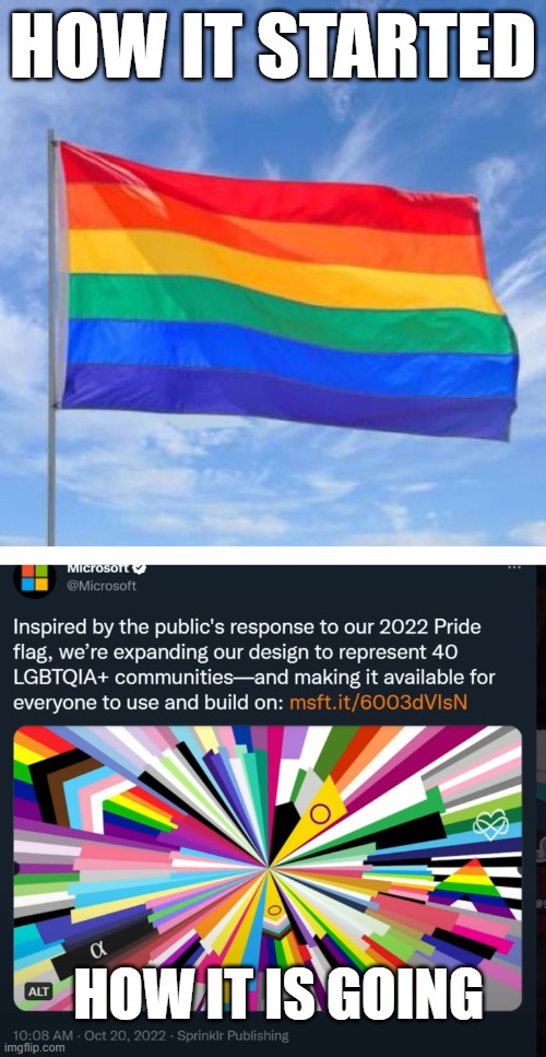 From clear and understandable to a jumbled mess. Most accurate modern pride flag | HOW IT STARTED; HOW IT IS GOING | image tagged in gay pride flag | made w/ Imgflip meme maker