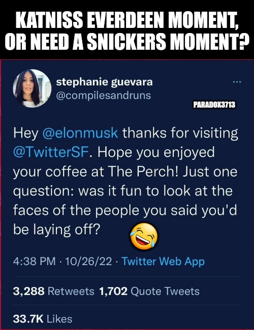 Did she just volunteer as Tribute? | KATNISS EVERDEEN MOMENT, OR NEED A SNICKERS MOMENT? PARADOX3713; 😂 | image tagged in memes,politics,twitter,elon musk,eat a snickers,hunger games | made w/ Imgflip meme maker